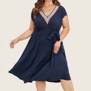 Bloomchic Navy Lace Embroidered Bat Wing Sleeveless Stretchy Belt Dress 14 / 16